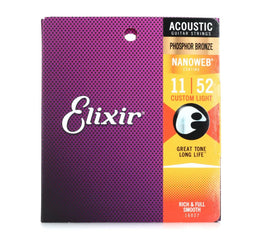 Elixir Strings Nanoweb Phosphor Bronze (Rich and Full Smooth Acoustic Guitar Strings - .011-.052 Custom Light